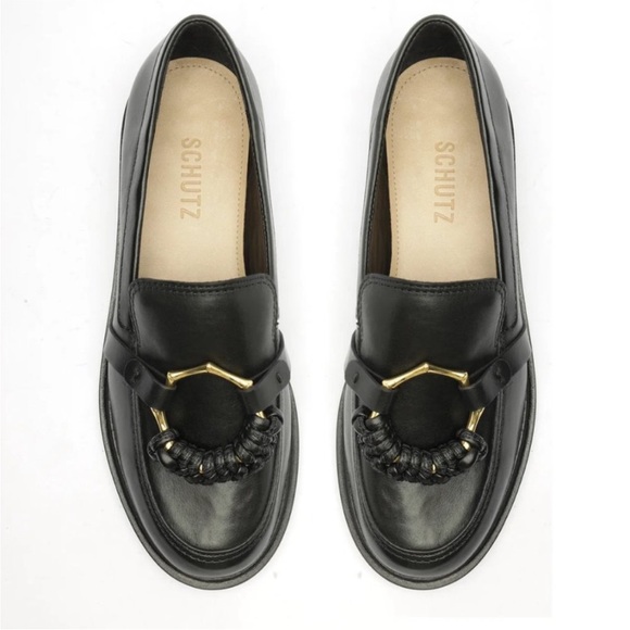 SCHUTZ Shoes - SCHUTZ Black Leather Loafers with Gold Ring Accent